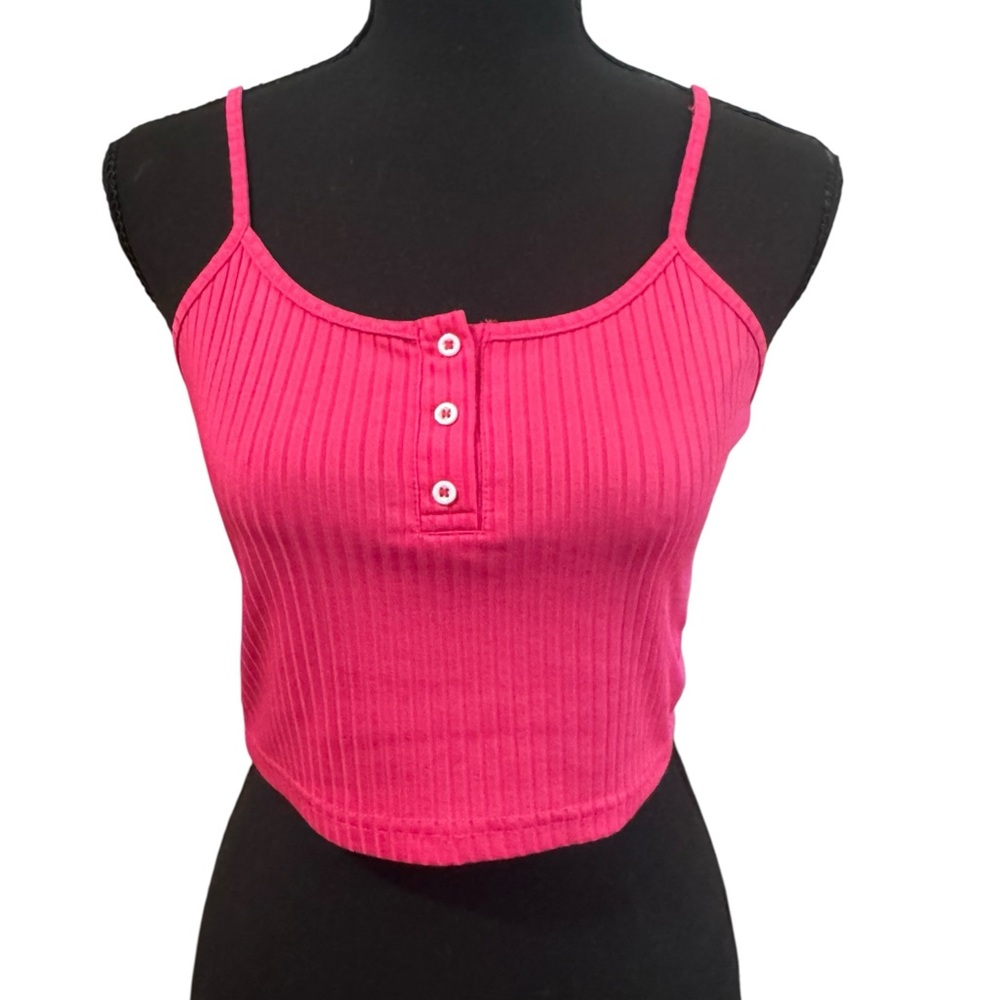 Women’s ROMWE hot pink ribbed spaghetti strap cropped tank top size S NWOT